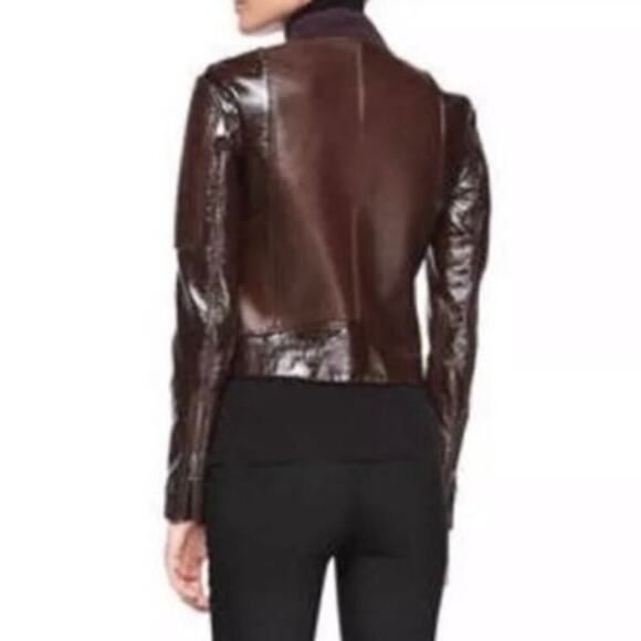 THEORY Shezi Polished Moto Lambskin Leather Jacket Brown - Sz XS - Picture 3 of 9